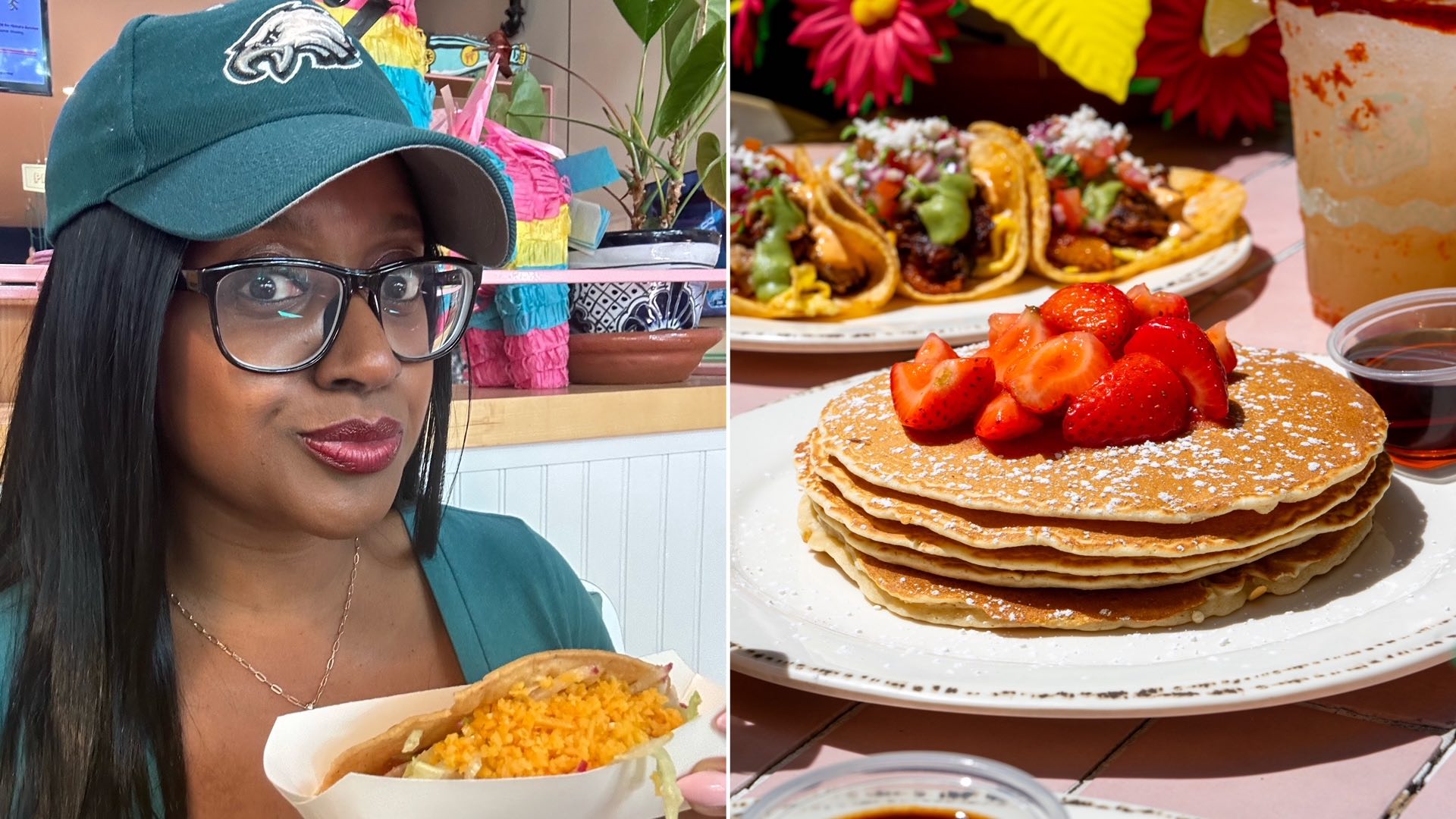 An image of lifestyle blogger Ariel holding a taco next to a plate of pancakes.