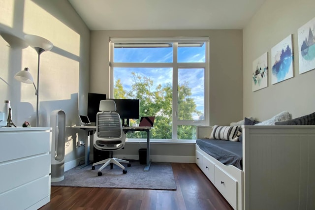 An image of a home office with gentle blue hues.