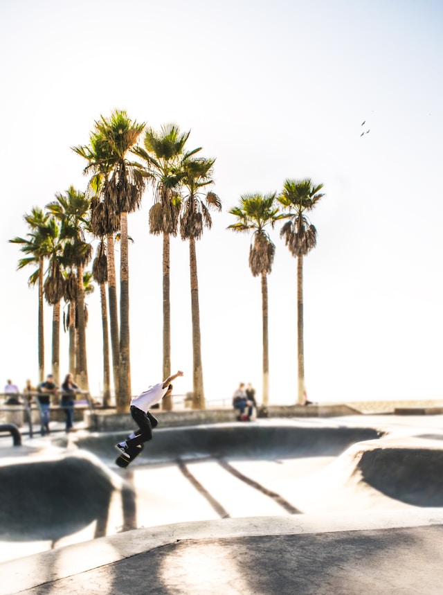 An image of a guy at the skateboard park in Venice.