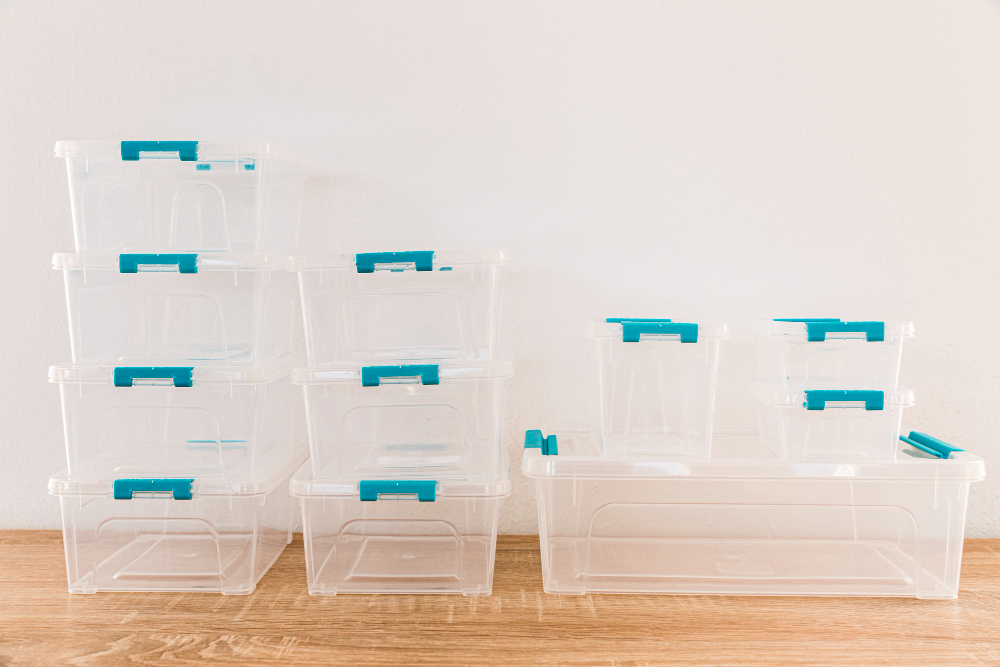 An image of clear storage bins.