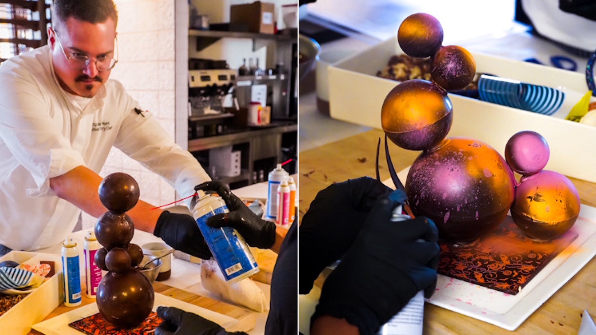 An image with two images of people creating their chocolate sculptures.