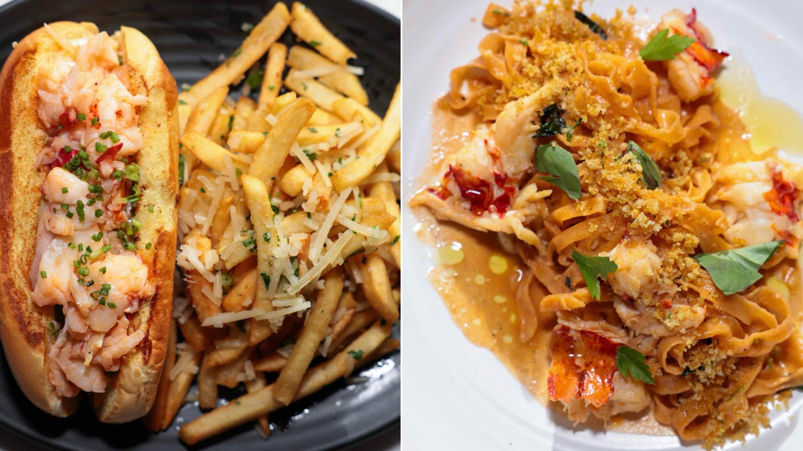 An image of the juicy seafood items at The Lobster - Mini Lobster Roll and Fresh Tagliatelle with Maine Lobster & Lemon Breadcrumbs. It's some of the best seafood in the area.