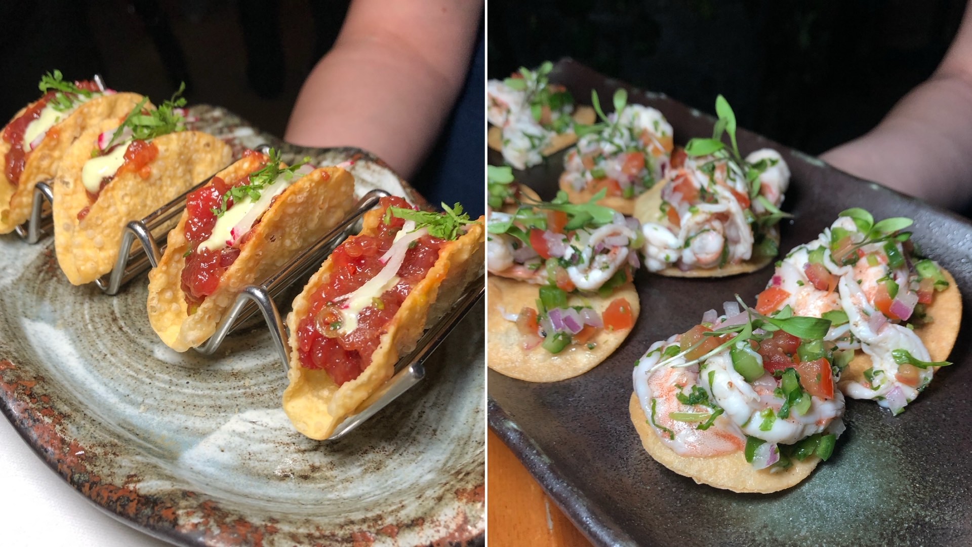 An image with two images: Ahi Tacos (l) and Ceviche (r) at the Turntable Bar at the Dream Hollywood Hotel.