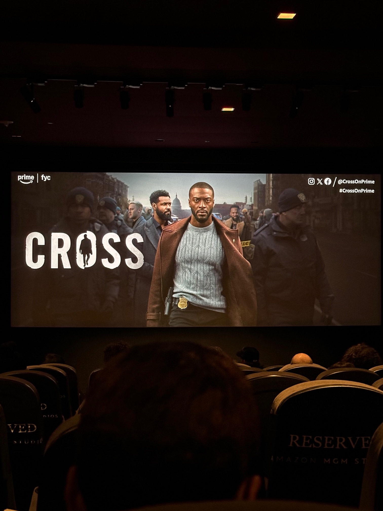 An image of the screening room for Prime Video's new Cross TV series.