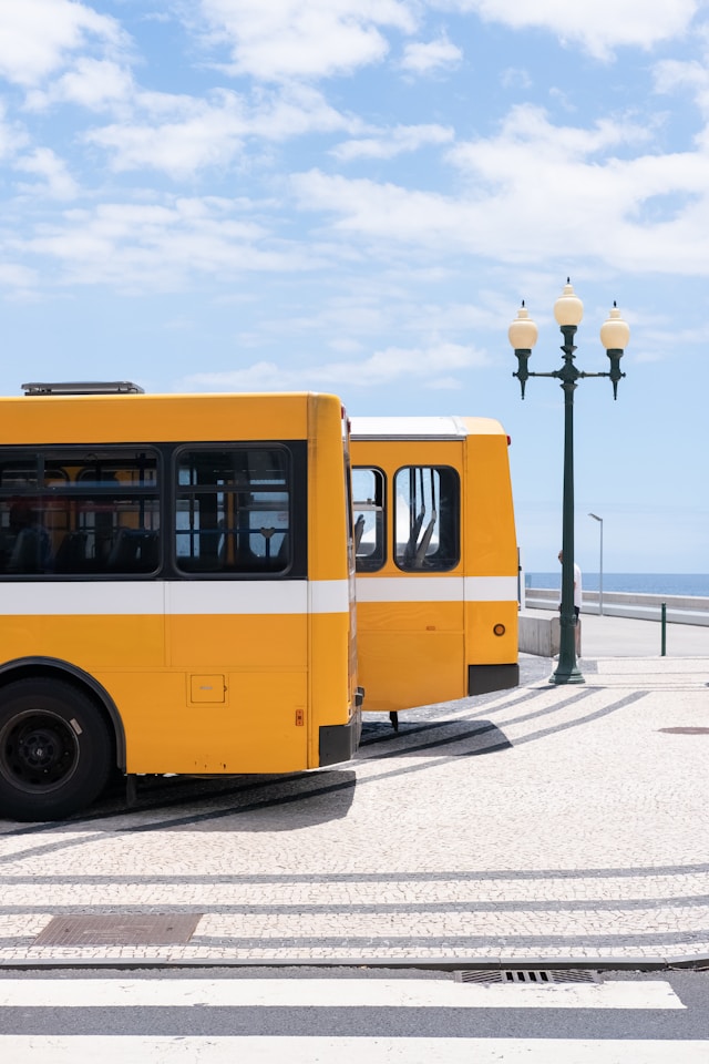 An image of two charter buses.