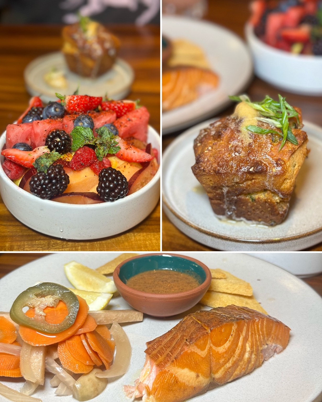 An image of three pictures: Seasonal Fruit, Jalapeño Cornbread, and Smoked Trout at the best brunch near me