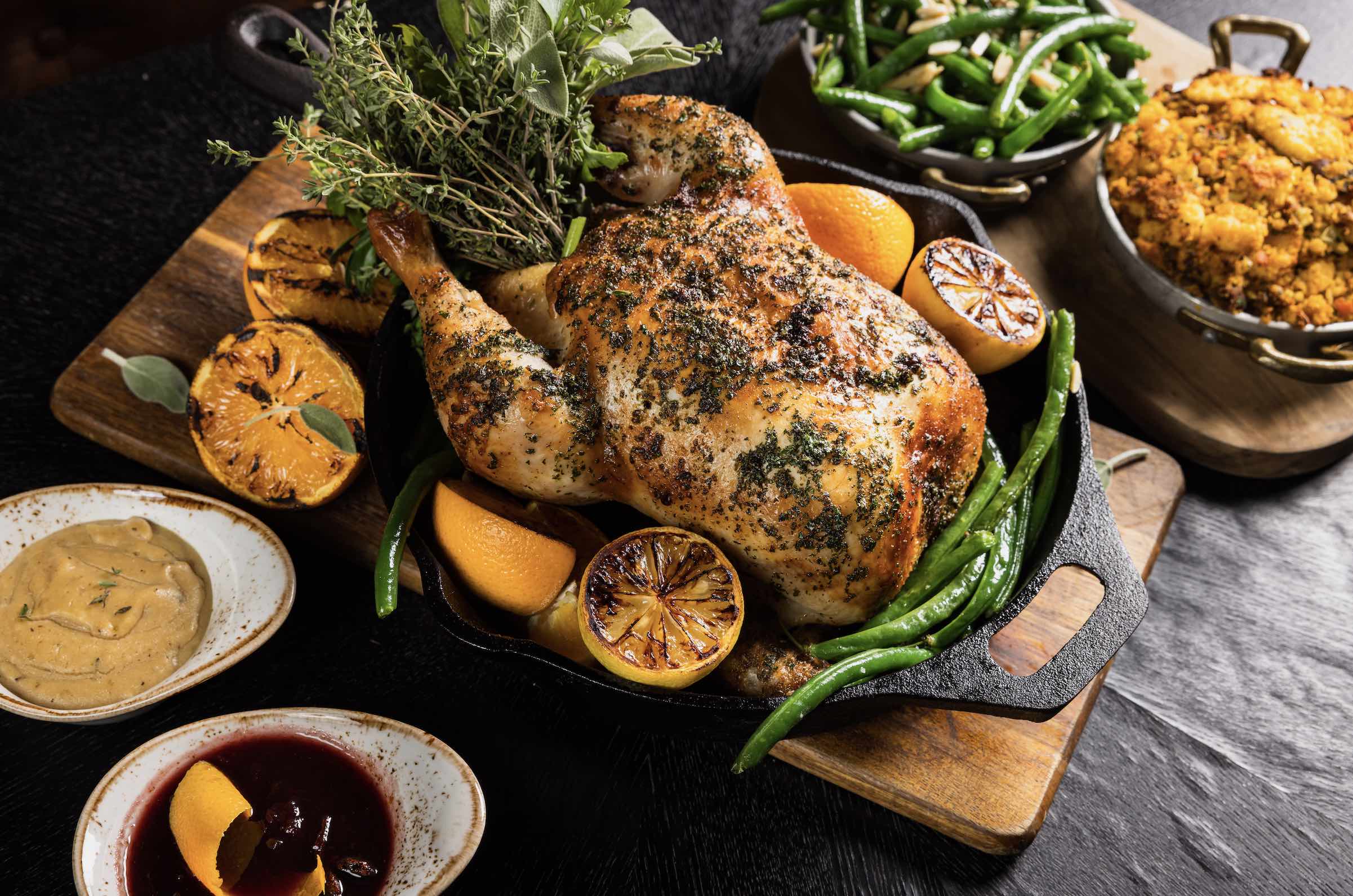 An image of a happy Thanksgiving spread at The Wayfarer DTLA.