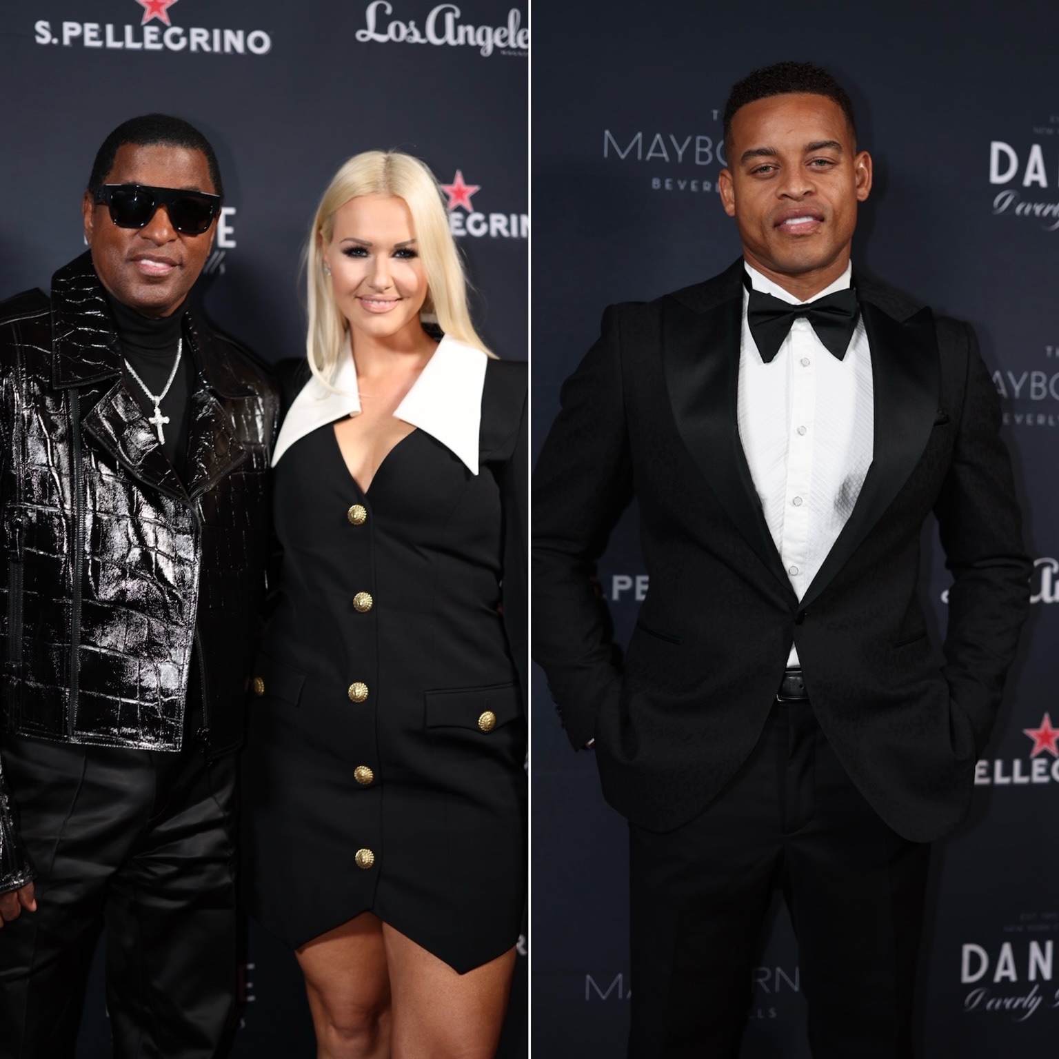 An image of two images of Kenneth “BabyFace” Edmonds and Rika Tischendorf (l) and Robert Andrew Ri'chard (r) attend Los Angeles Magazine's The Leading Man Party.