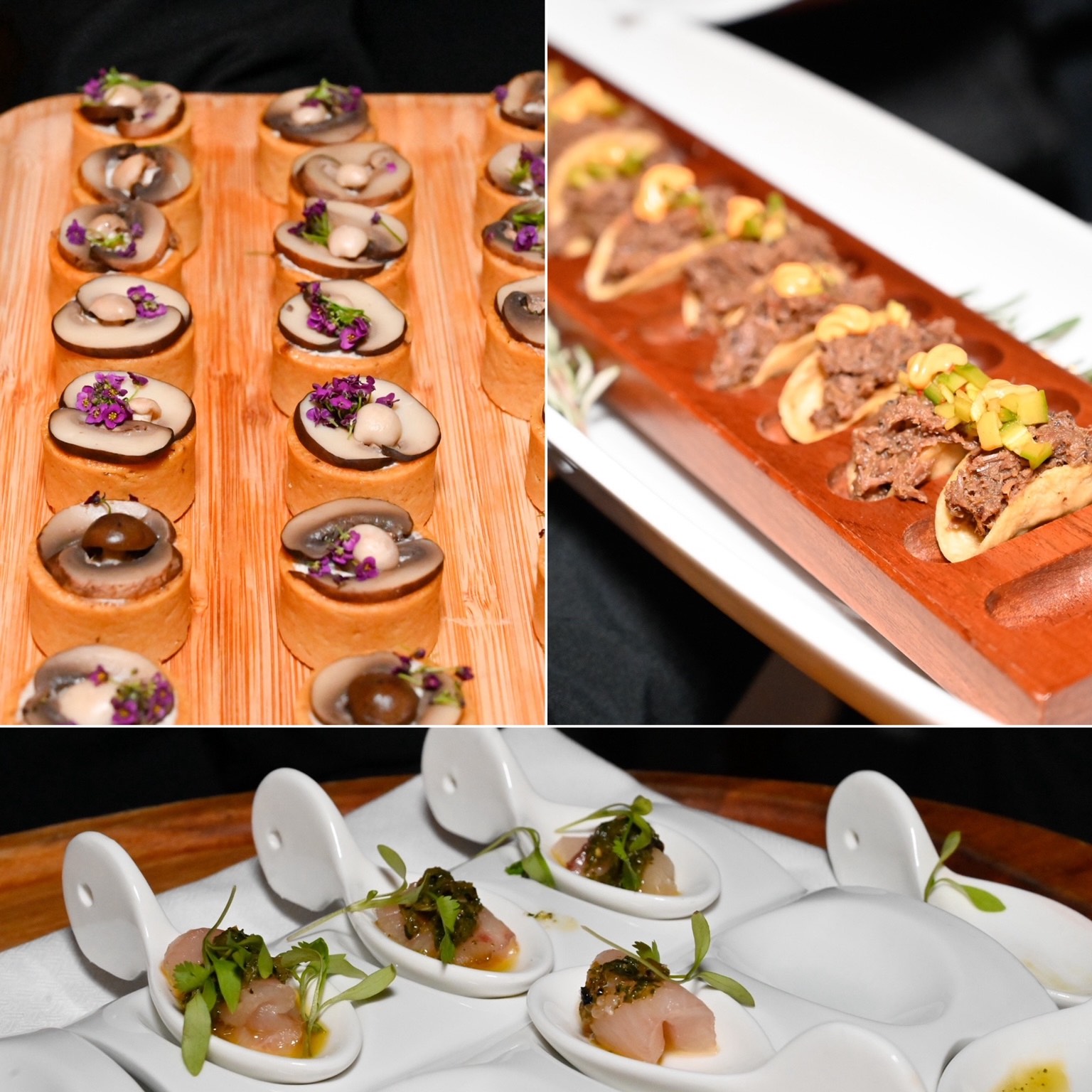 An image of the three hors d’oeuvres served at Dante Rooftop Bar at The Maybourne Beverly Hills.