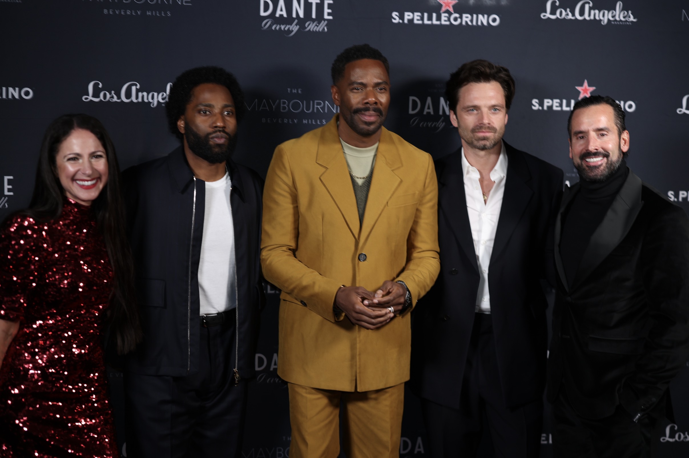 An image of LA Magazine Editor, Jasmin Rosemberg, John David Washington, Colman Domingo, Sebastian Stan, and LA Magazine President/Publisher Christopher Gialanella. 