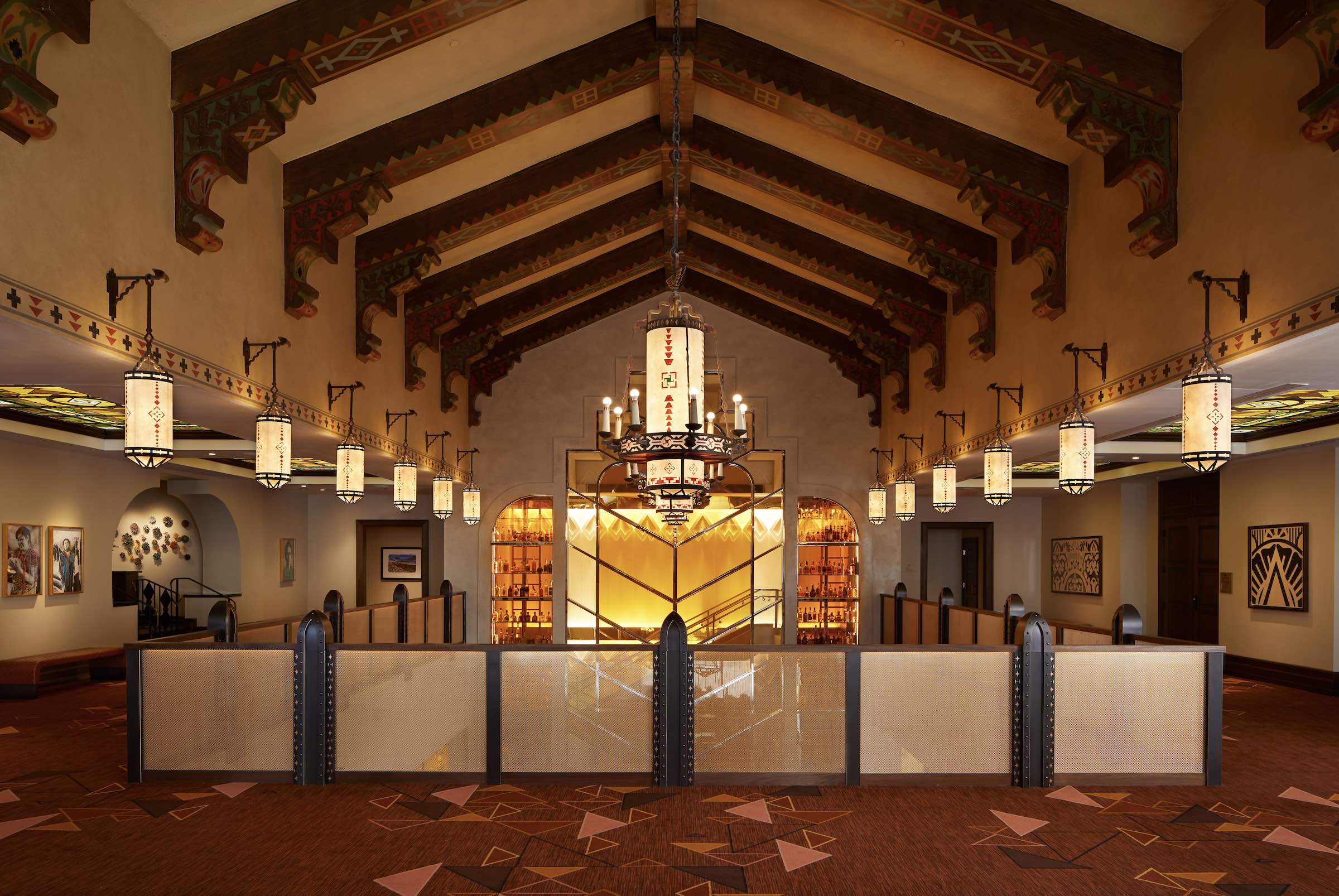 An image of the mezzanine at the Plaza Hotel Pioneer Park which still reflects the Old Hollywood glamour in which it was built.