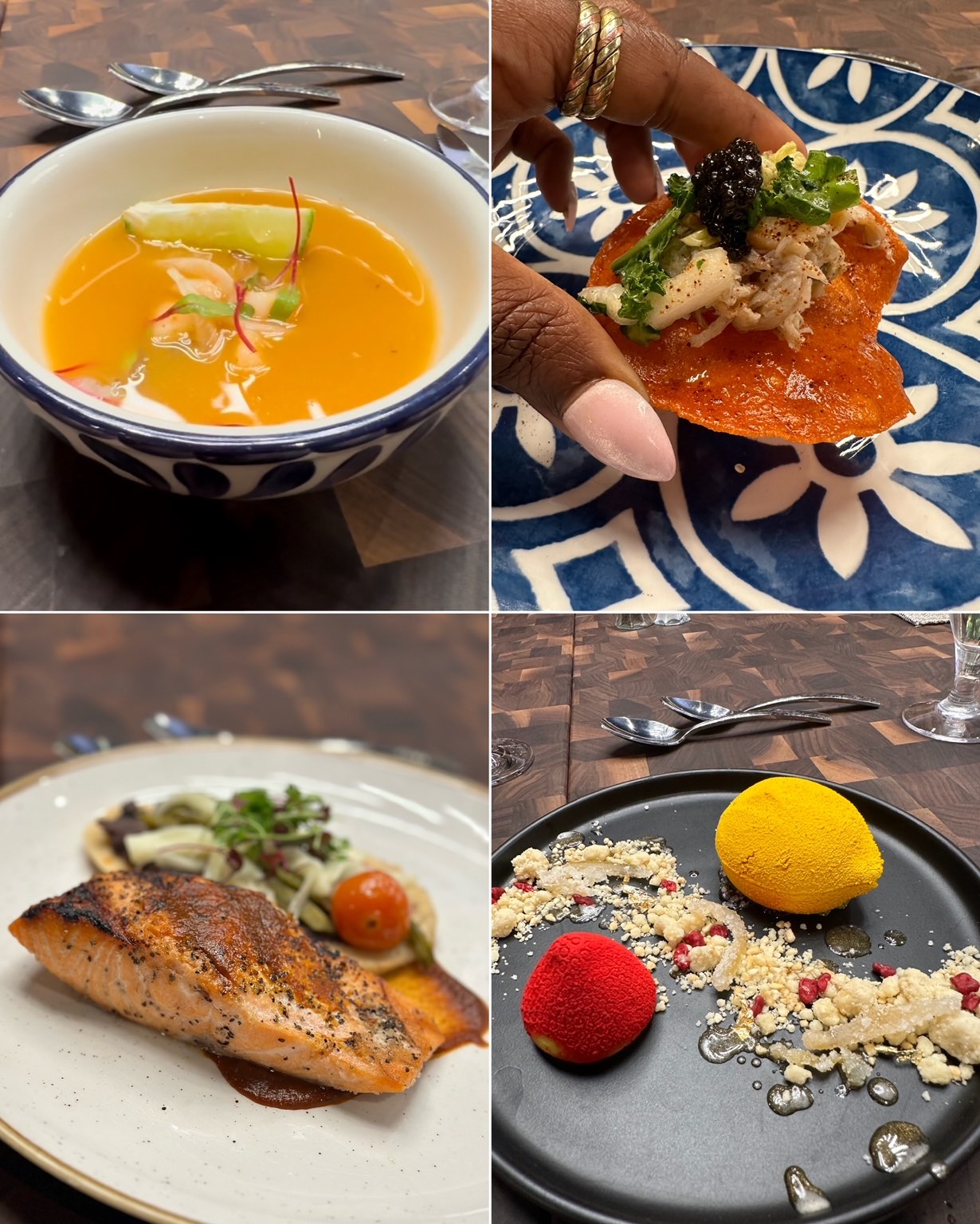 An image of 4 photos of food from the agave tasting dinner.