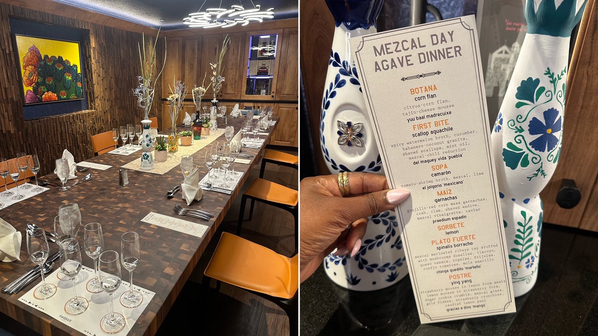 An image with two images: a table set for an agave dinner tasting, and the menu from the tasting.