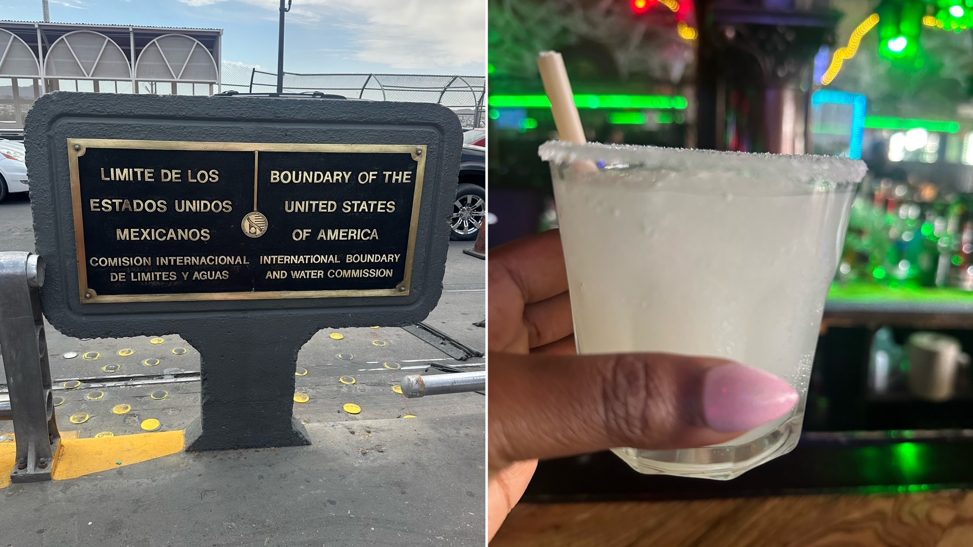 An image with two images: the border sign at the border of El Paso and Juarez Mexico, and a margarita from the World Famous Kentucky Bar & Grill. One of the many things to do in El Paso.