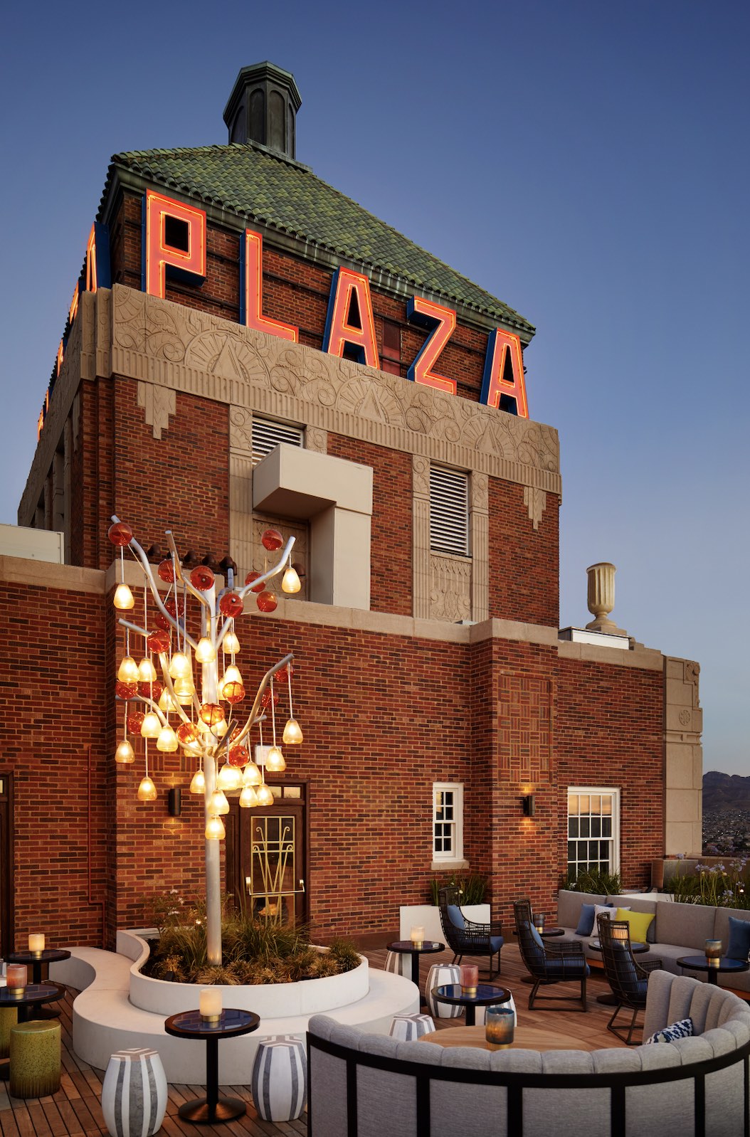 An image of the roof of The Plaza Hotel Pioneer Park which still reflects the Old Hollywood glamour in which it was built..