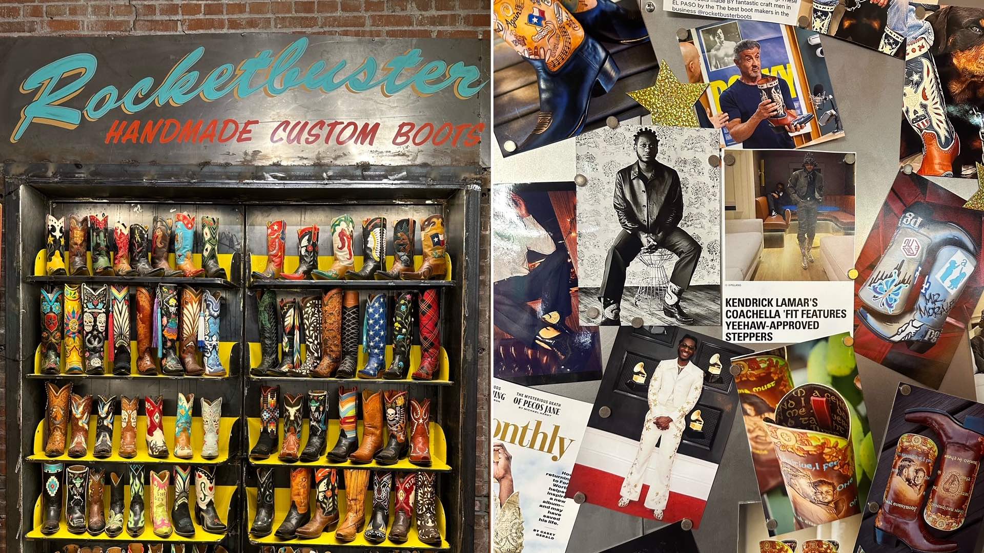 An image of a collection of boots from Rocketbuster Handmade Custom Boots next to a collage of celebs wearing their boots.One of the many things to do in El Paso.