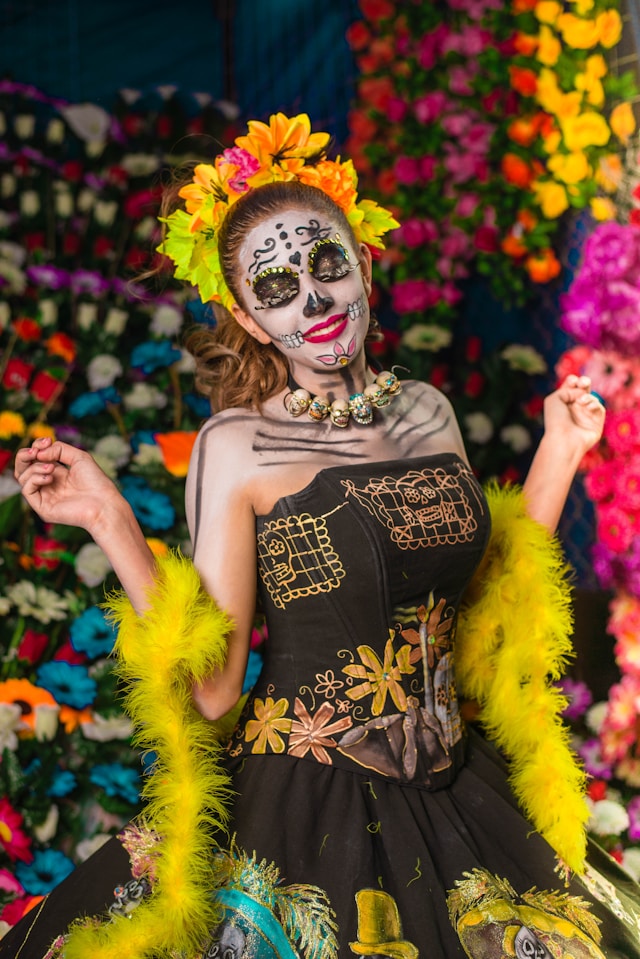 An image of a woman dressed in Day of the Dead makeup.