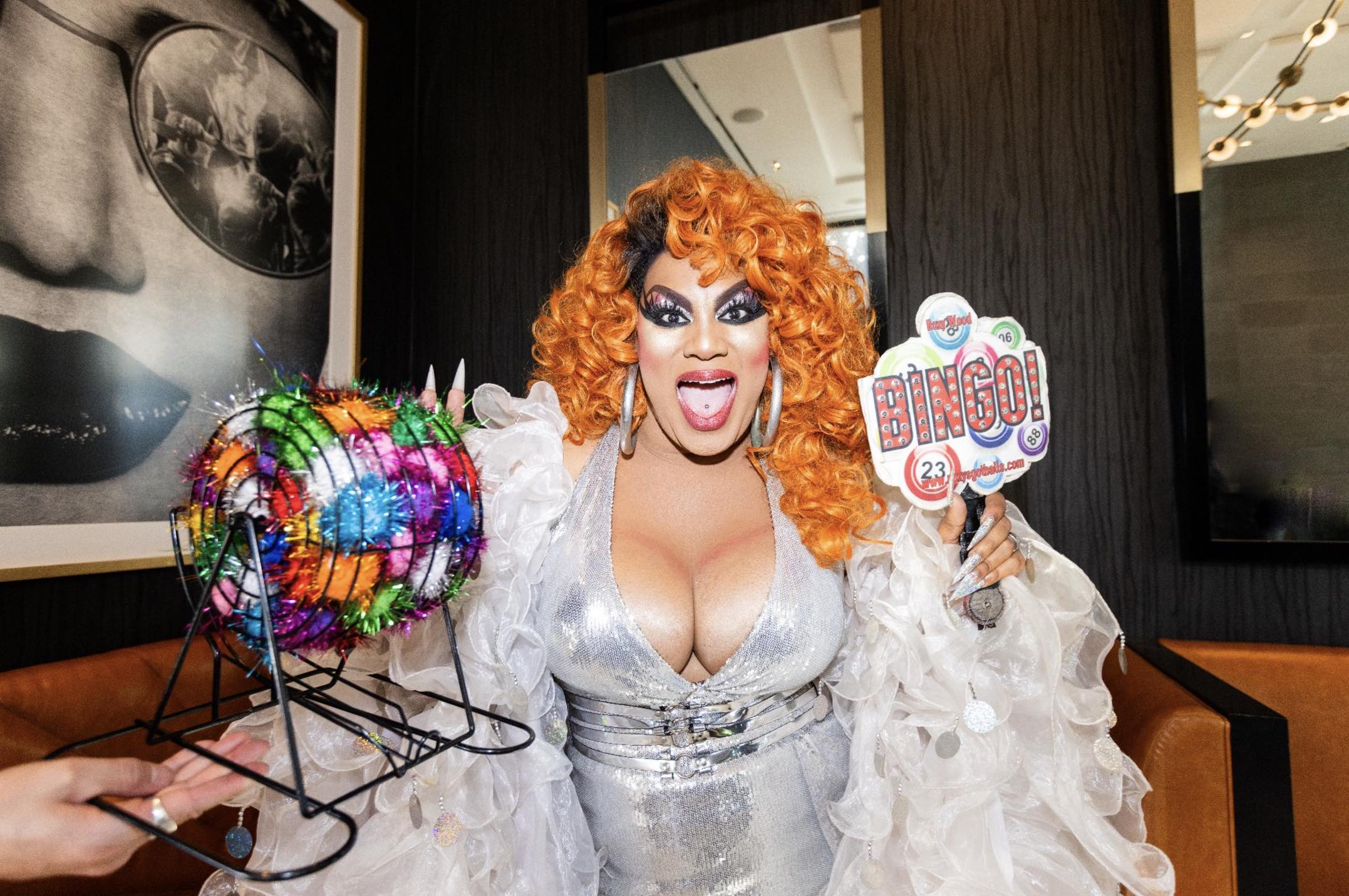 An image of Roxy Wood, known as "The Bingo Babe" at Drag Bingo at the Godfrey Hotel Hollywood. 