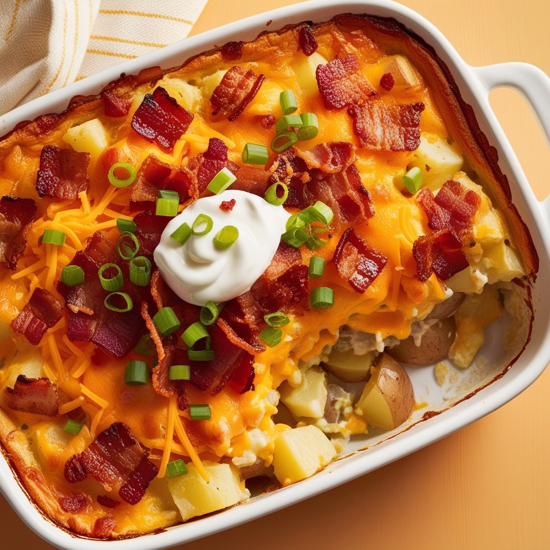 An image of one of the easy potluck ideas, Cheesy Bacon Potato Casserole. Use a food warmer to keep this dish hot and ready.