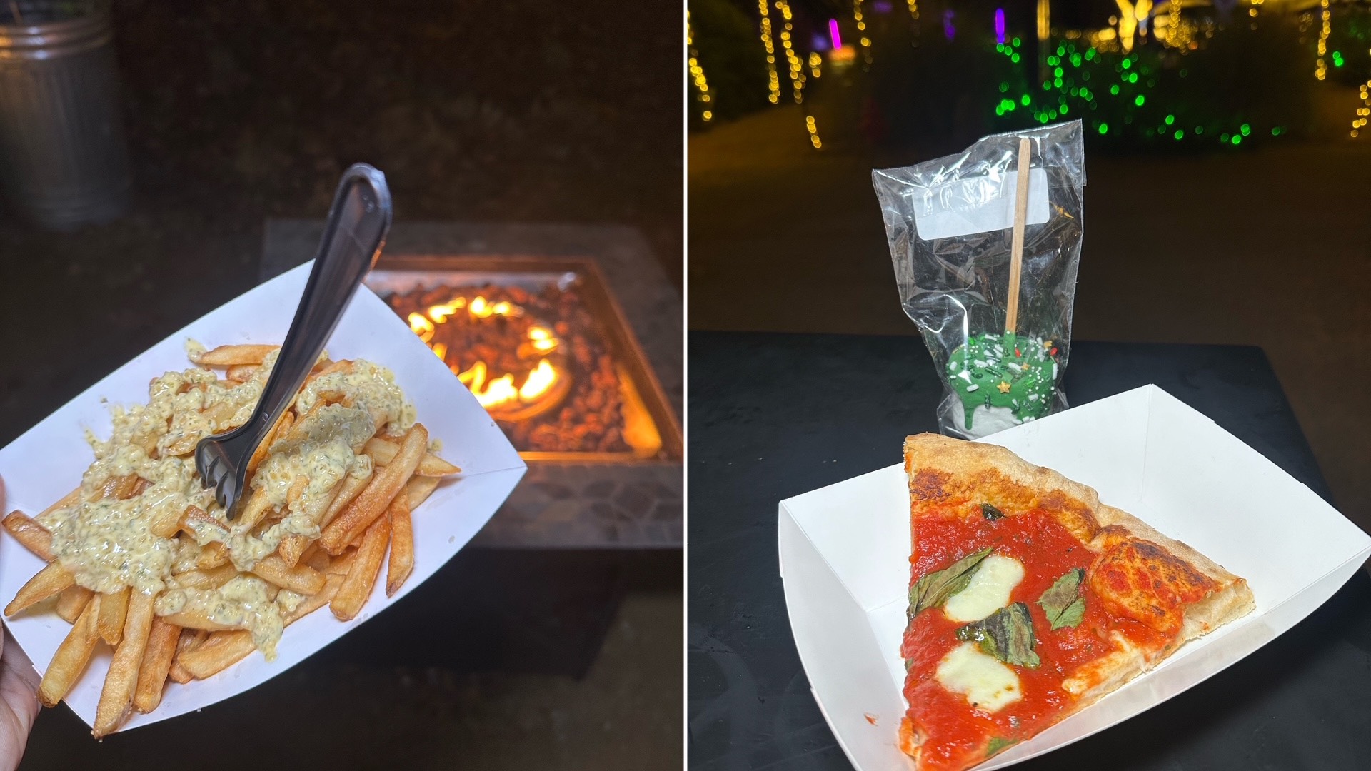 An image of two food items from the Redding Garden of Lights, garlic fries and pizza.