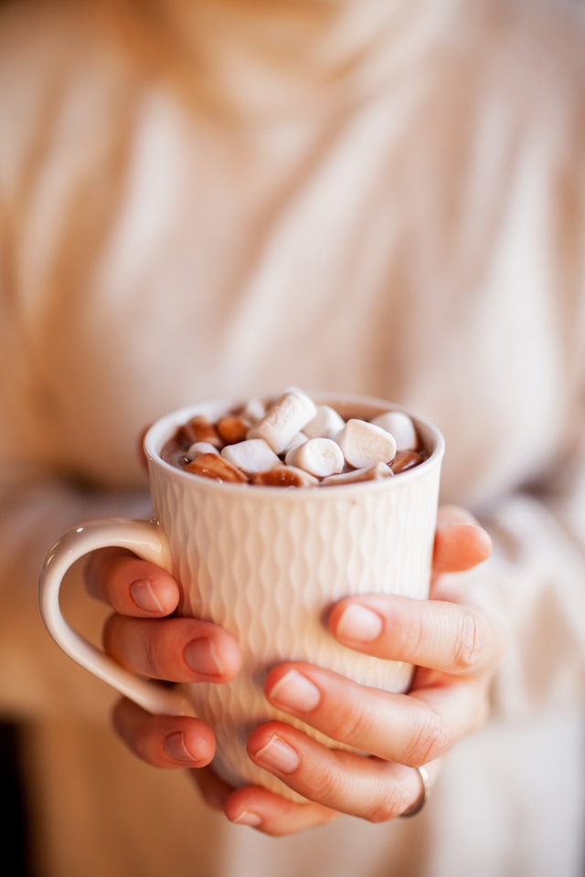 An image of someone holding a hot cup of hot chocolate.