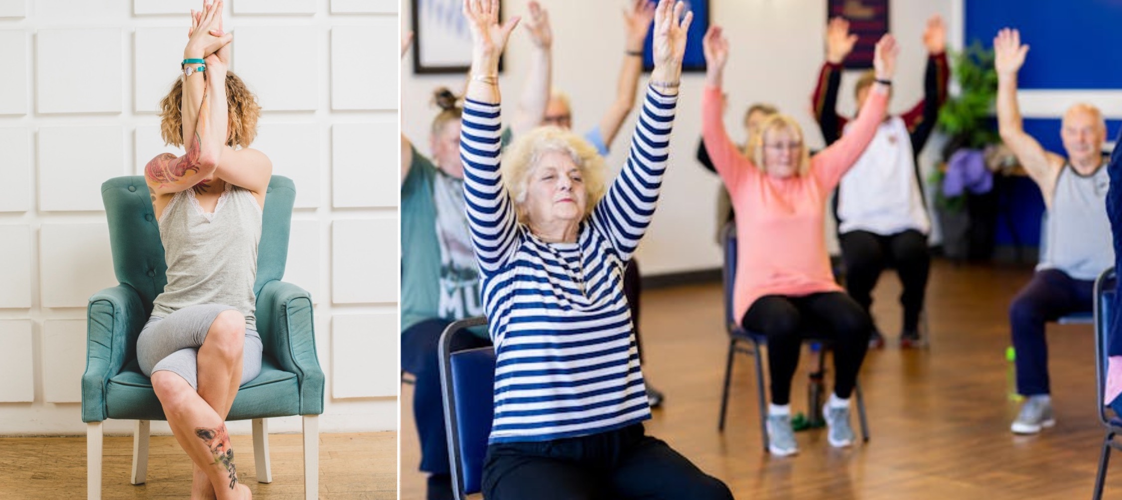 Two images of people doing chair yoga