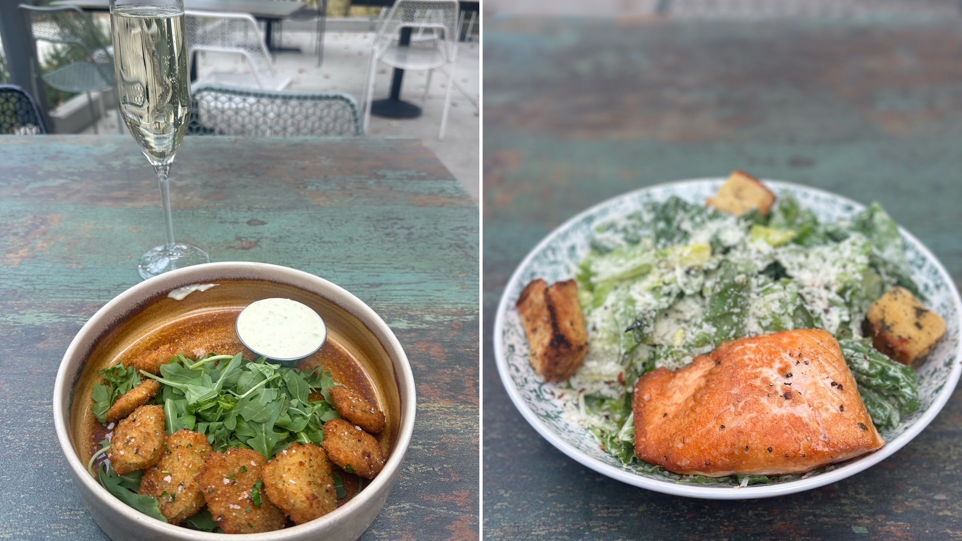 An image of two images: Fried Pickles and a Salmon Caesar Salad from Sheraton Redding at the Sundial Bridge's signature restaurant Mosaic.