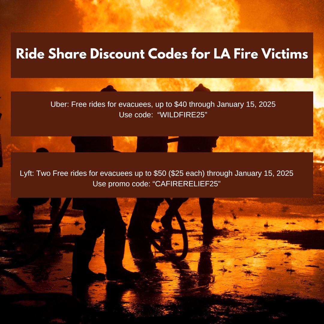 An image of LA firefighters with uber and lyft codes,