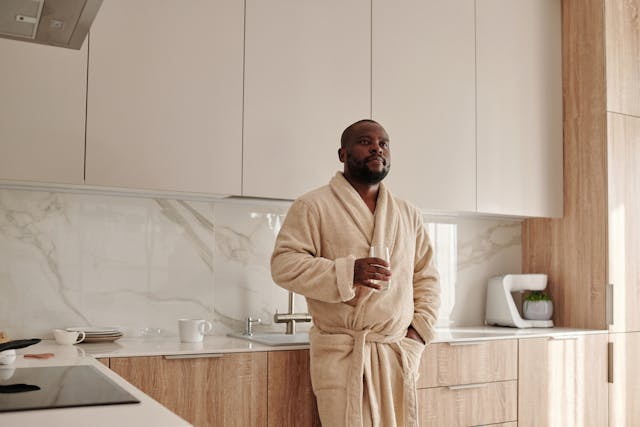 An image of a man in a bathrobe.