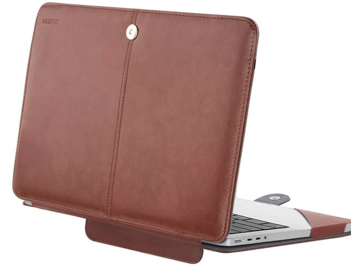 An image of a laptop in a leather laptop case 