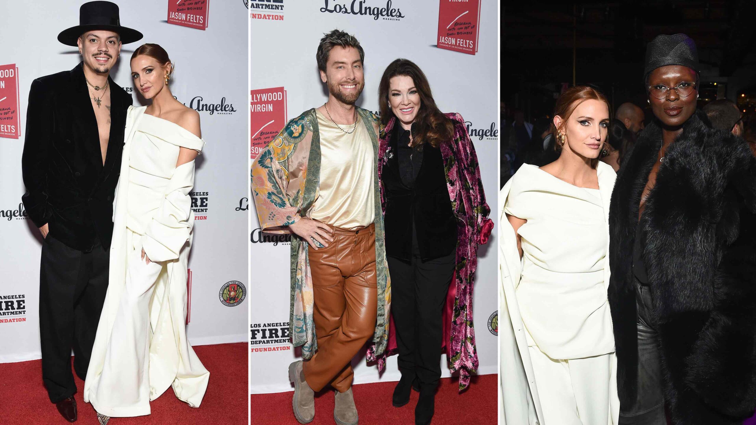 An image of three pictures: (l) Evan Ross and Ashlee Simpson Ross, (m) Lance Bass and Lisa Vanderpump, (r) Ashlee Simpson and Jodie Turner-Smith celebrate the release of Jason Felts memoir, Hollywood Virgin.