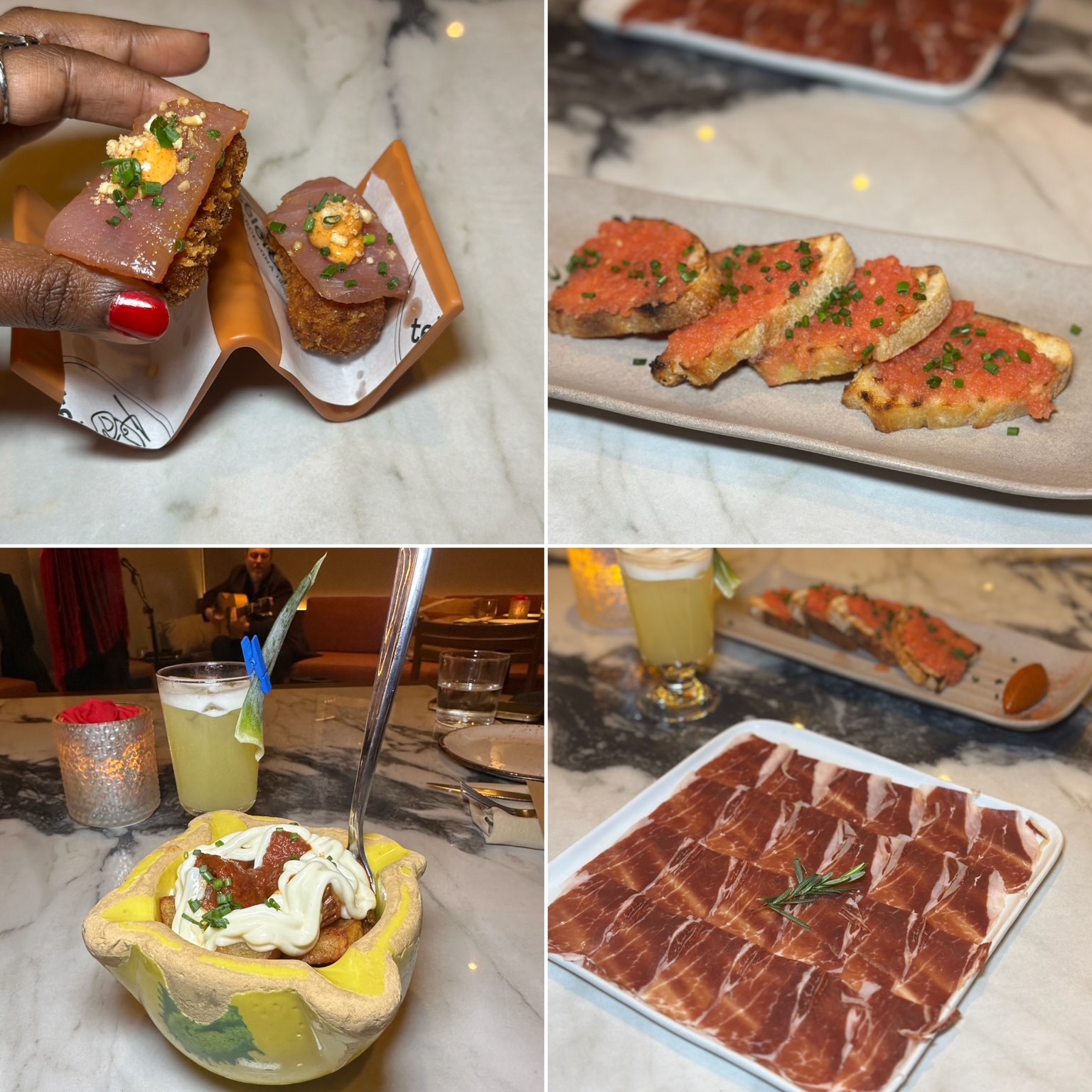 An image of 4 images of the tapas at Telefèric  Barcelona.