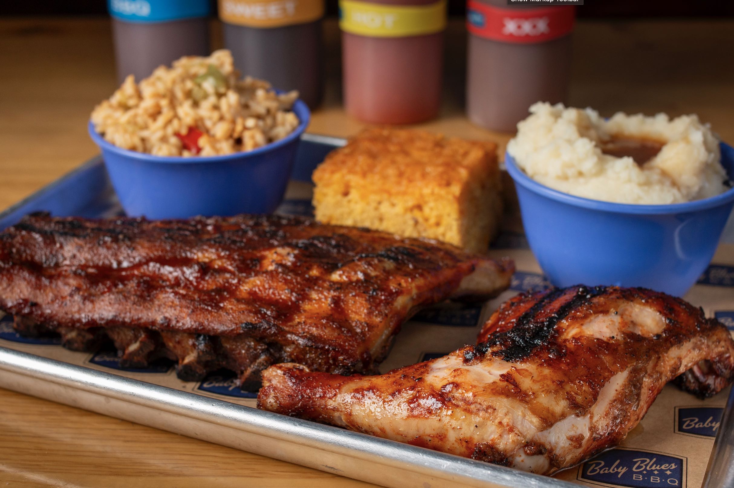 An image of ribs and chicken from  Baby Blues BBQ for Super Bowl takeout.