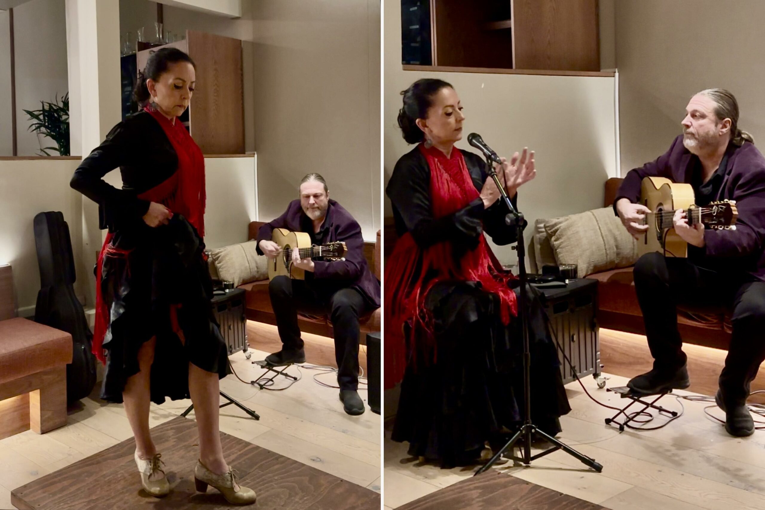 An image with two images of the Caminos Flamencos performers at  Telefèric  Barcelona.