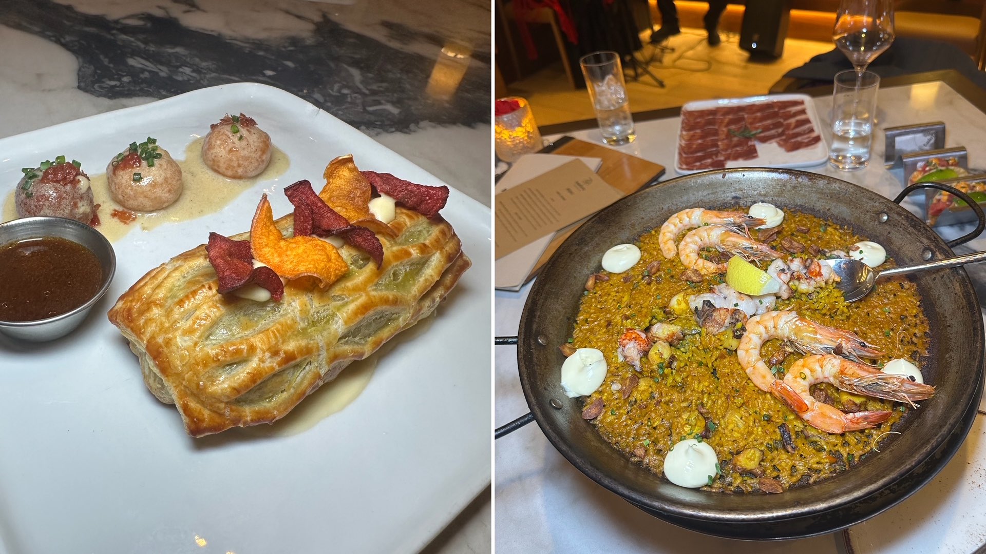 An image of two images: the Prime Wellington and he Maine Lobster Paella.