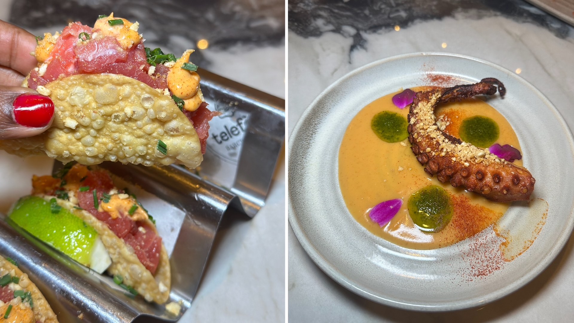 An image of two images: Tuna Tacos and Pulpo Telefèric.