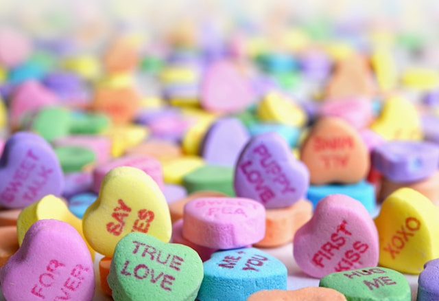 An image of Valentine's heart candies.