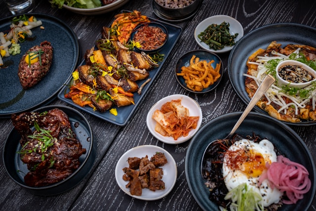 An image of a table covered in food.