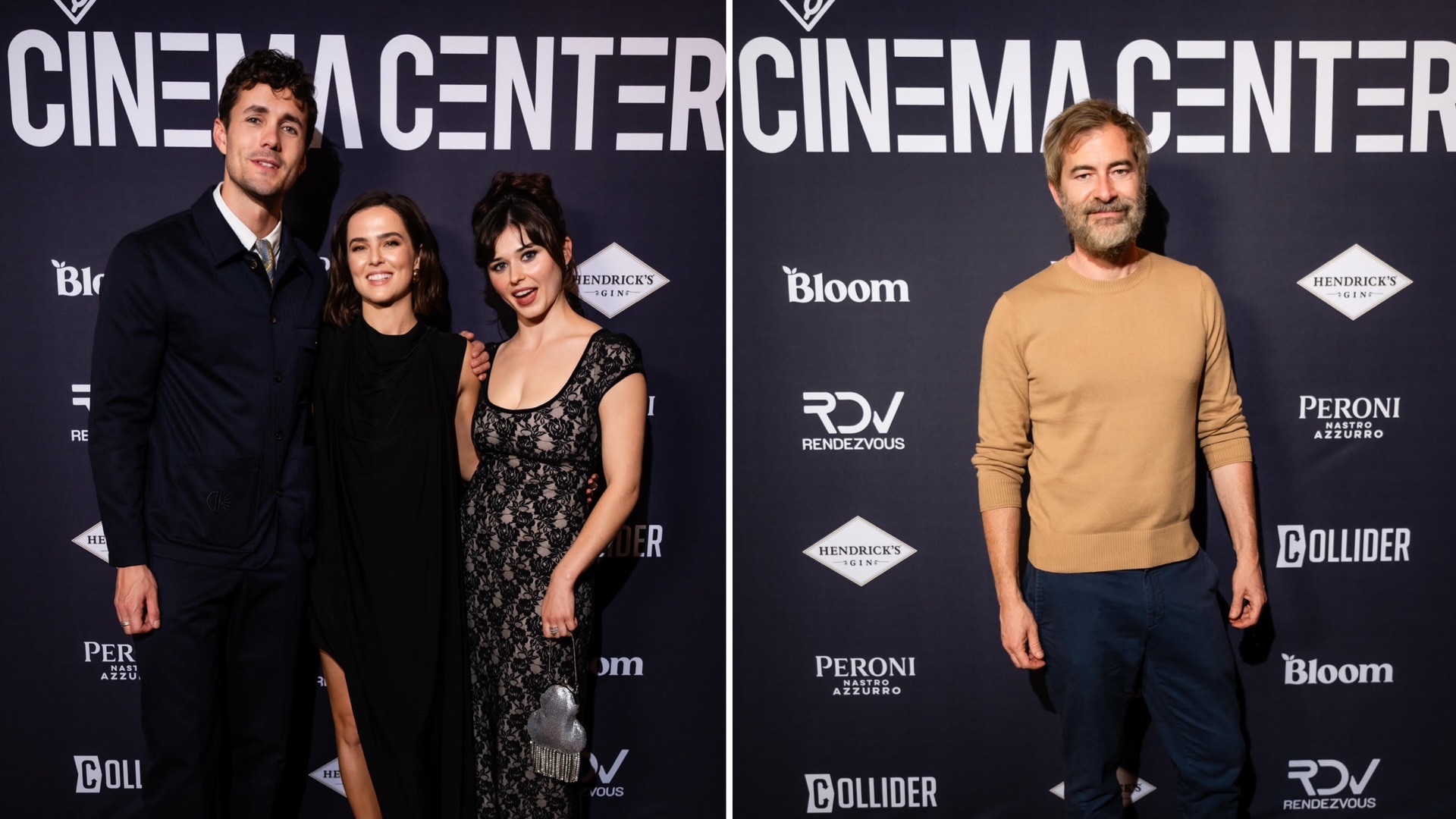 An image with two images: Stars of “The Threesome”  (l-r) Jonah-Hauer King, Zoey Deutch, and Ruby Cruz cozy up at their SxSw premiere party for “The Threesome” and actor/writer/director Mark Duplass.