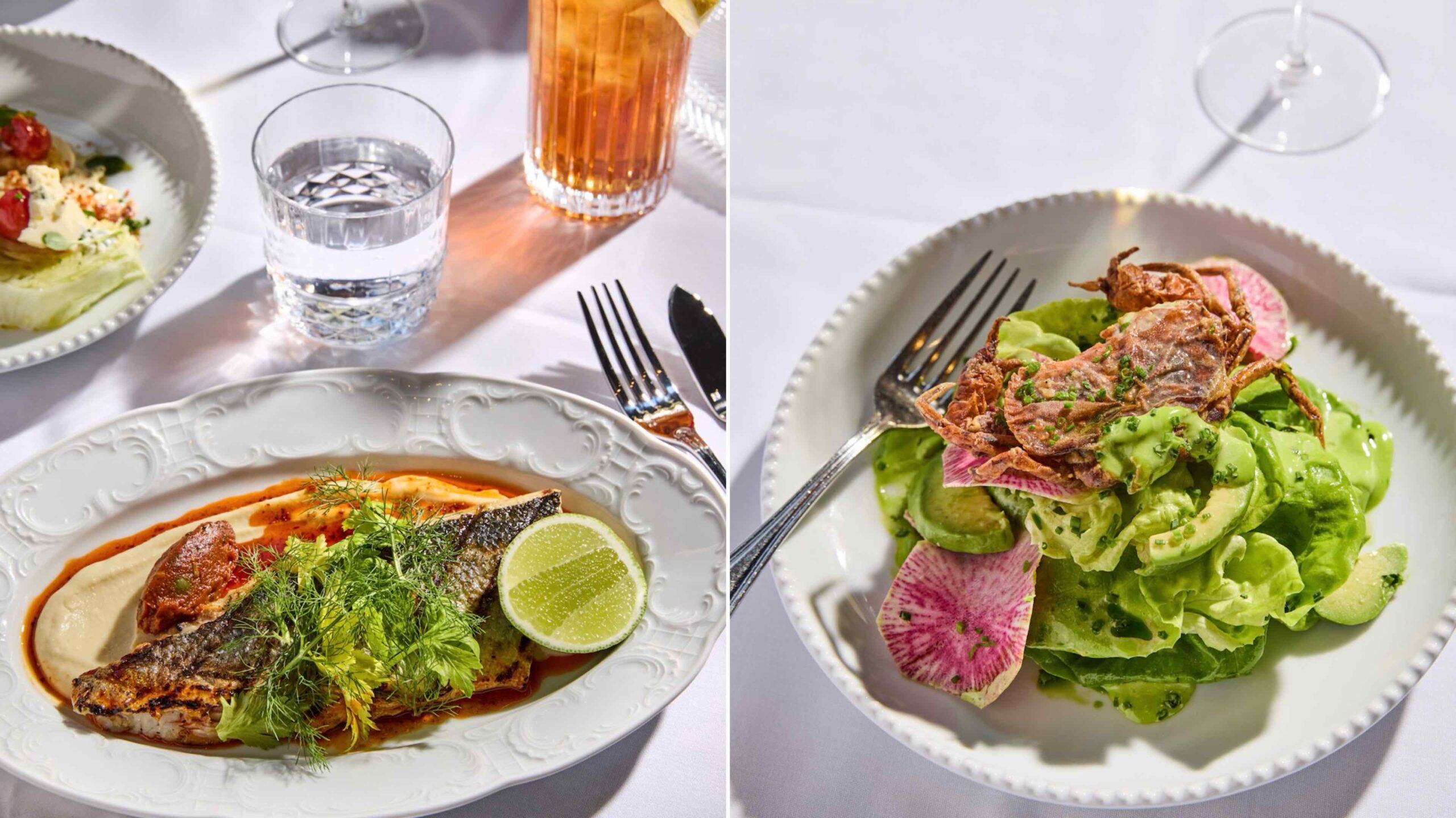 An image of two images: (l) Mediterranean Sea Bass) and (r) Crab Louie Salad with Soft Shell Crab!