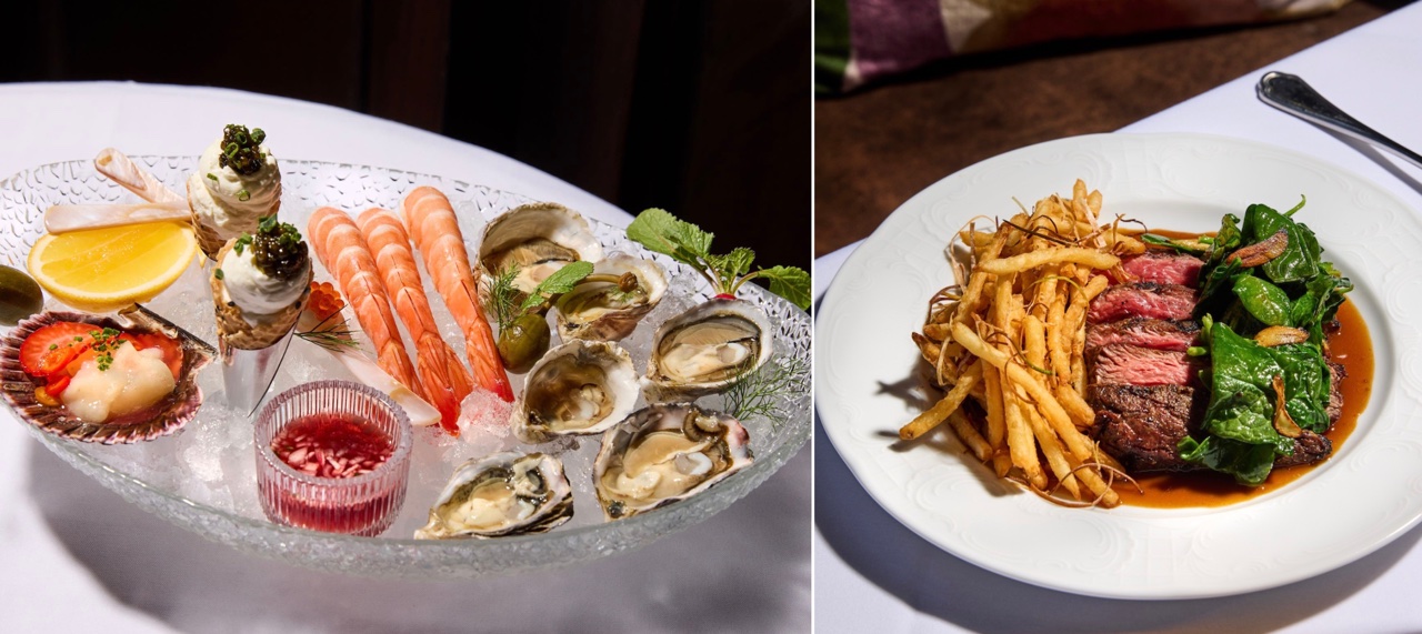An image of two images: The Seafood Plateau and the Steak Frites.
