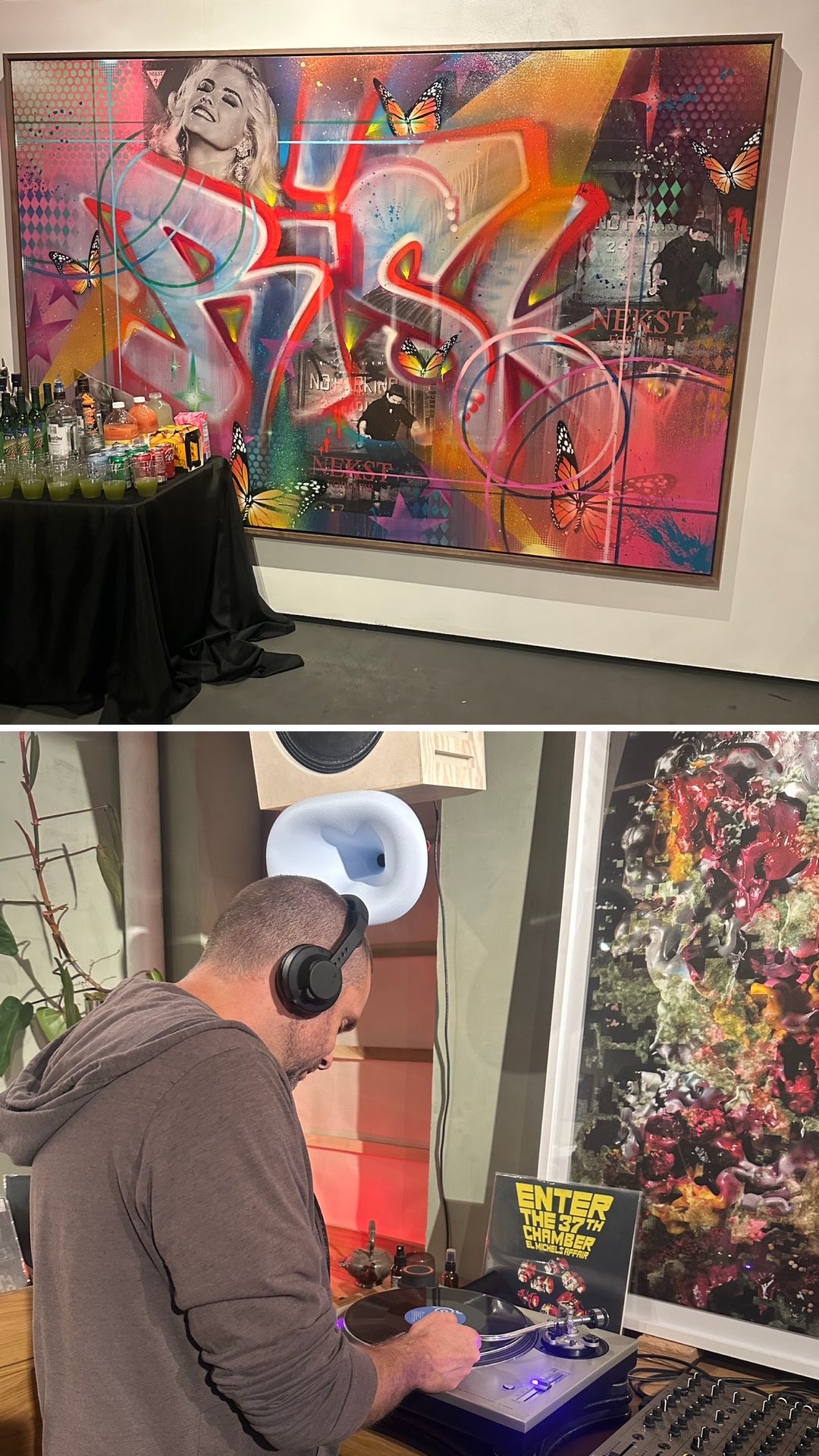 An image with two images: a piece of art and a man playing a vinyl record.