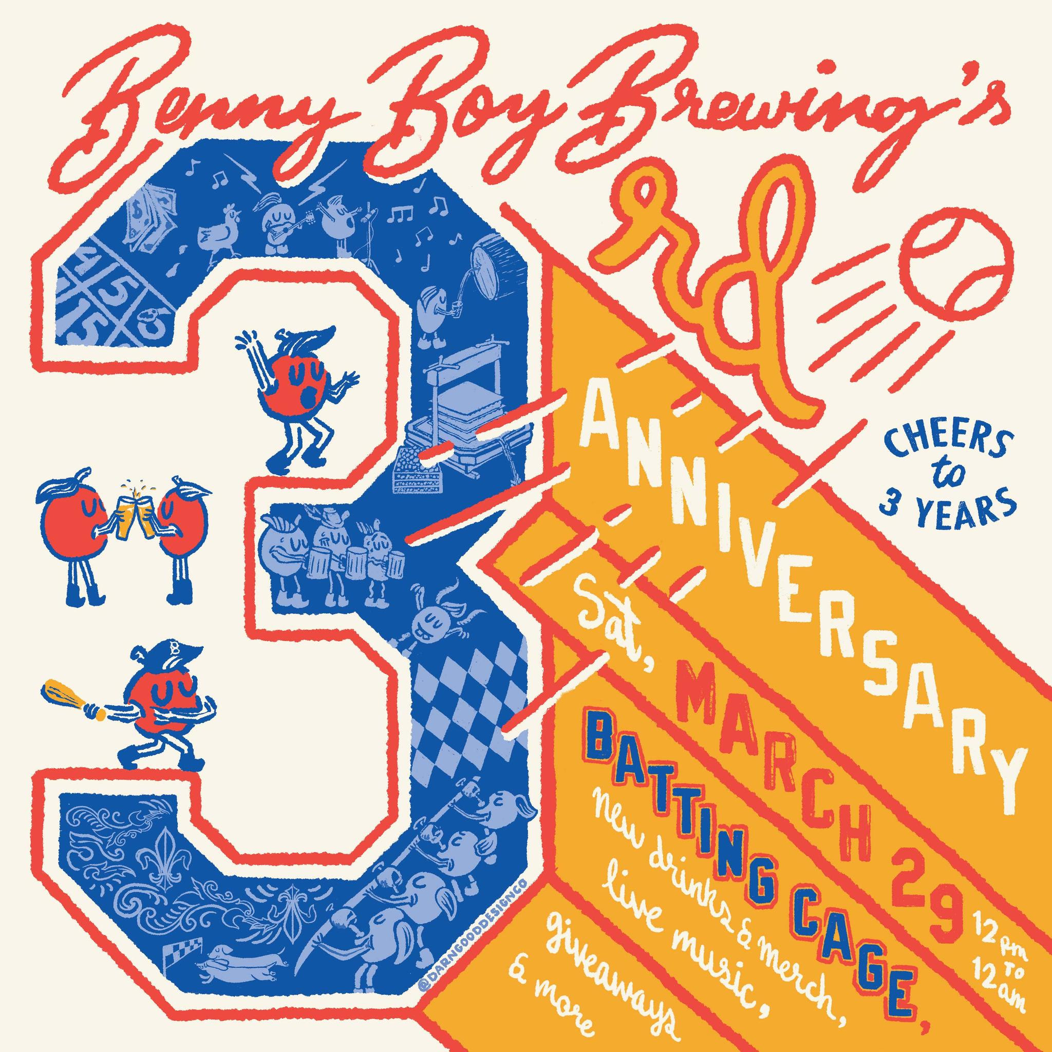 An image of the flyer for Benny Boy Brewing's 3rd anniversary party.