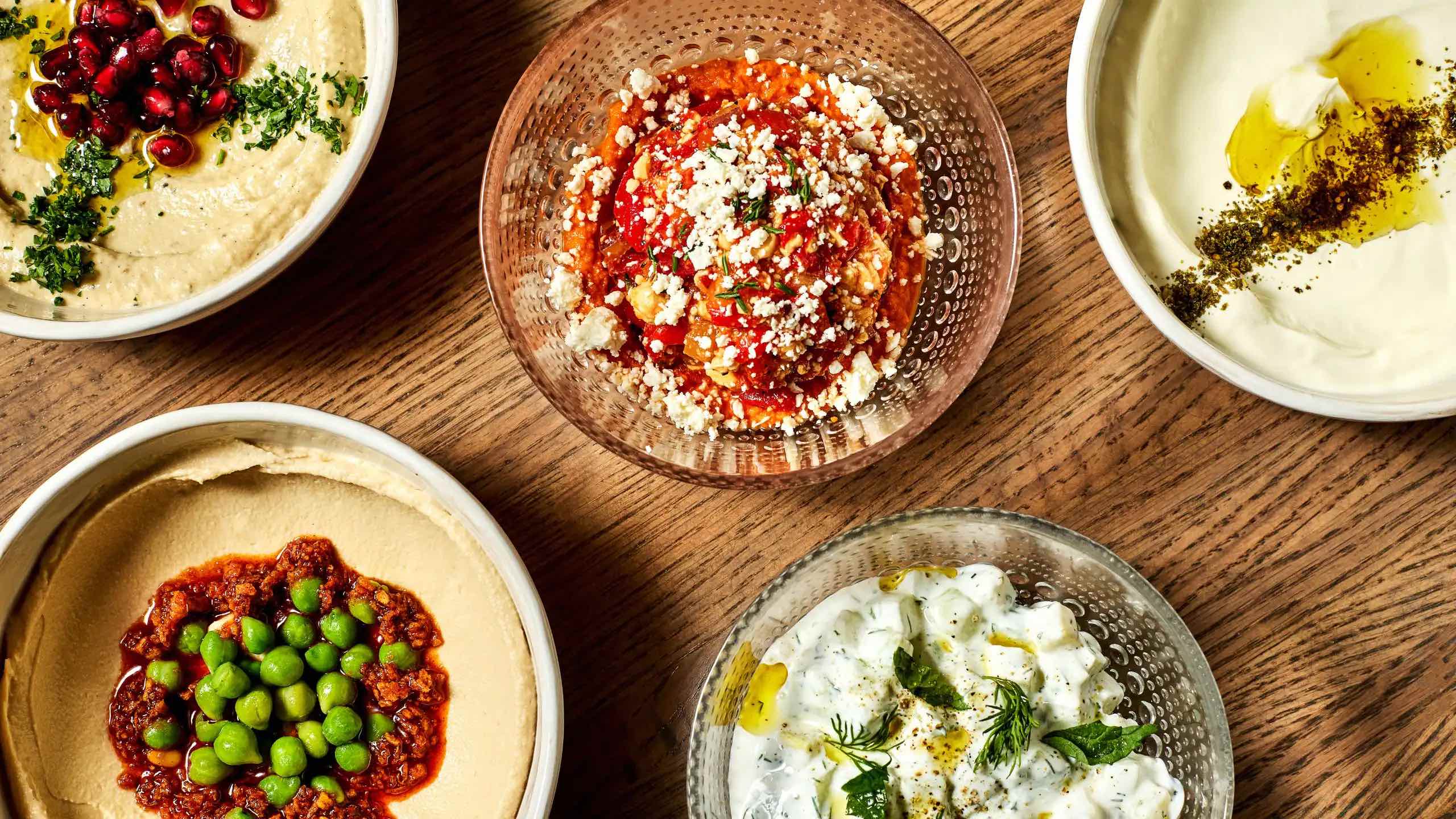 A birdseye  image of the spread from The Shay hotel's new restaurant Zaytinya.