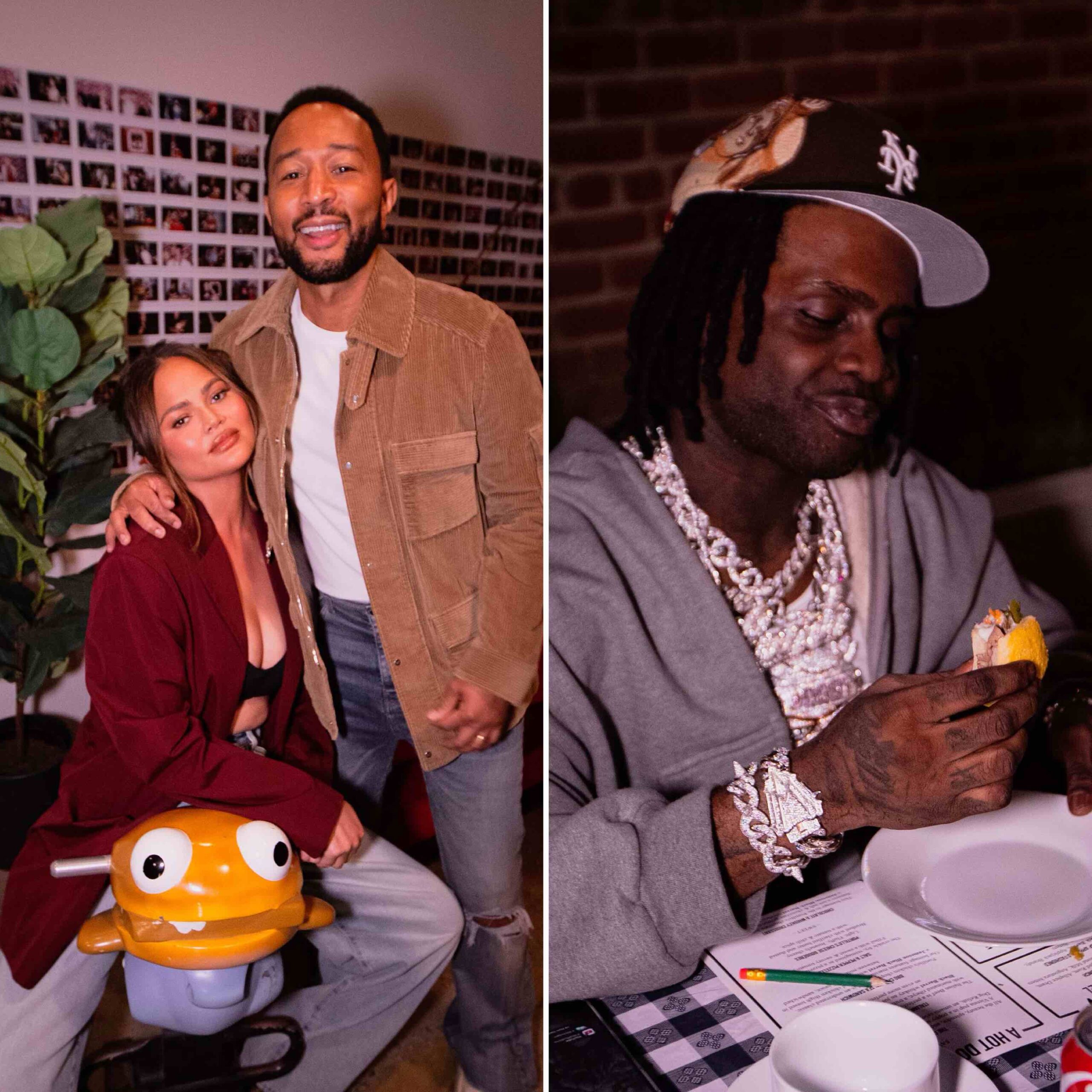 An image of Chrissy Teigen and John Legend pose for a photo op while rapper/producer, and Chief Keef enjoys a tea sandwich.