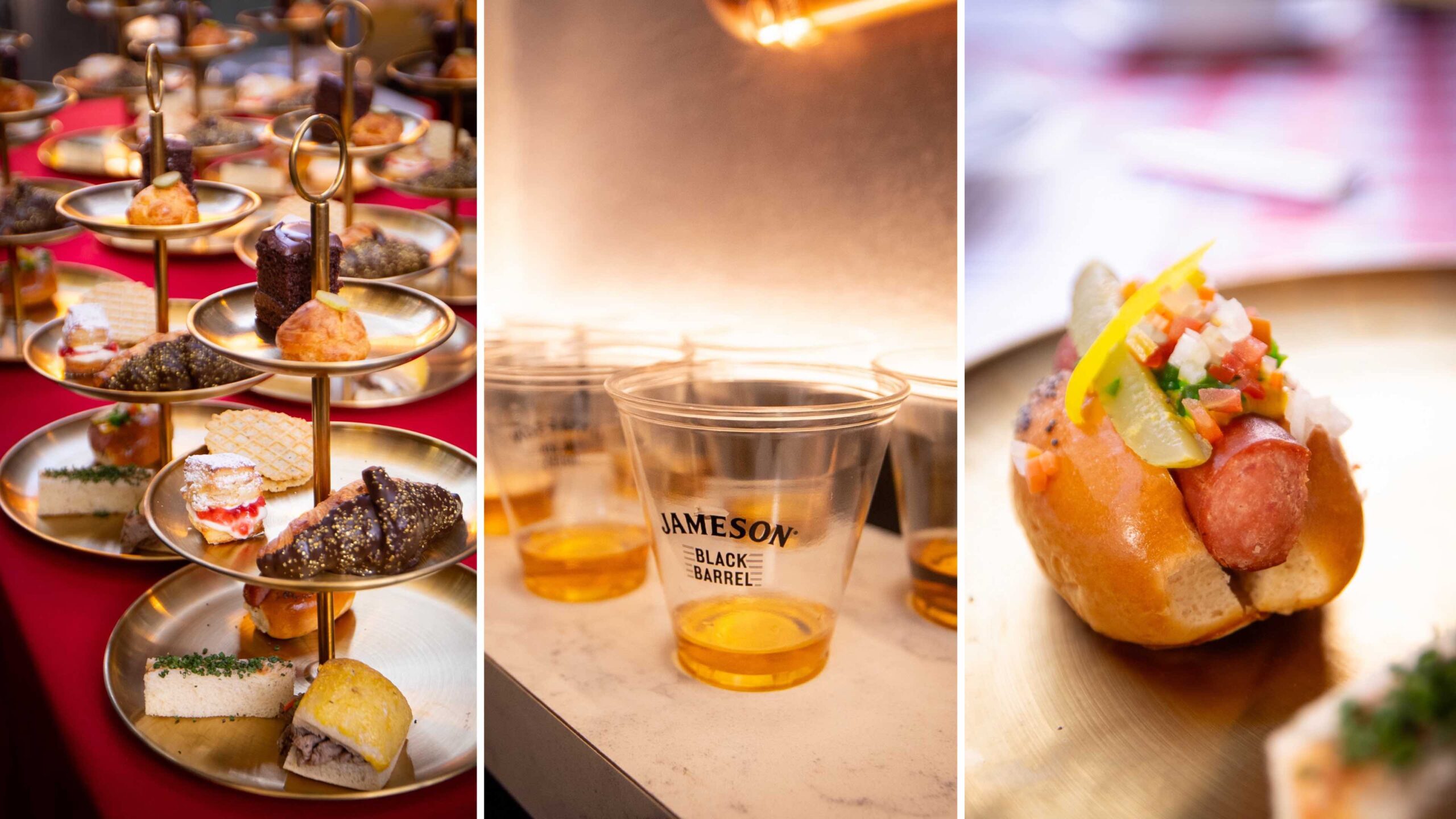 An image with three photos of food: tiers of desserts, Jameson, and a mini hot dog.