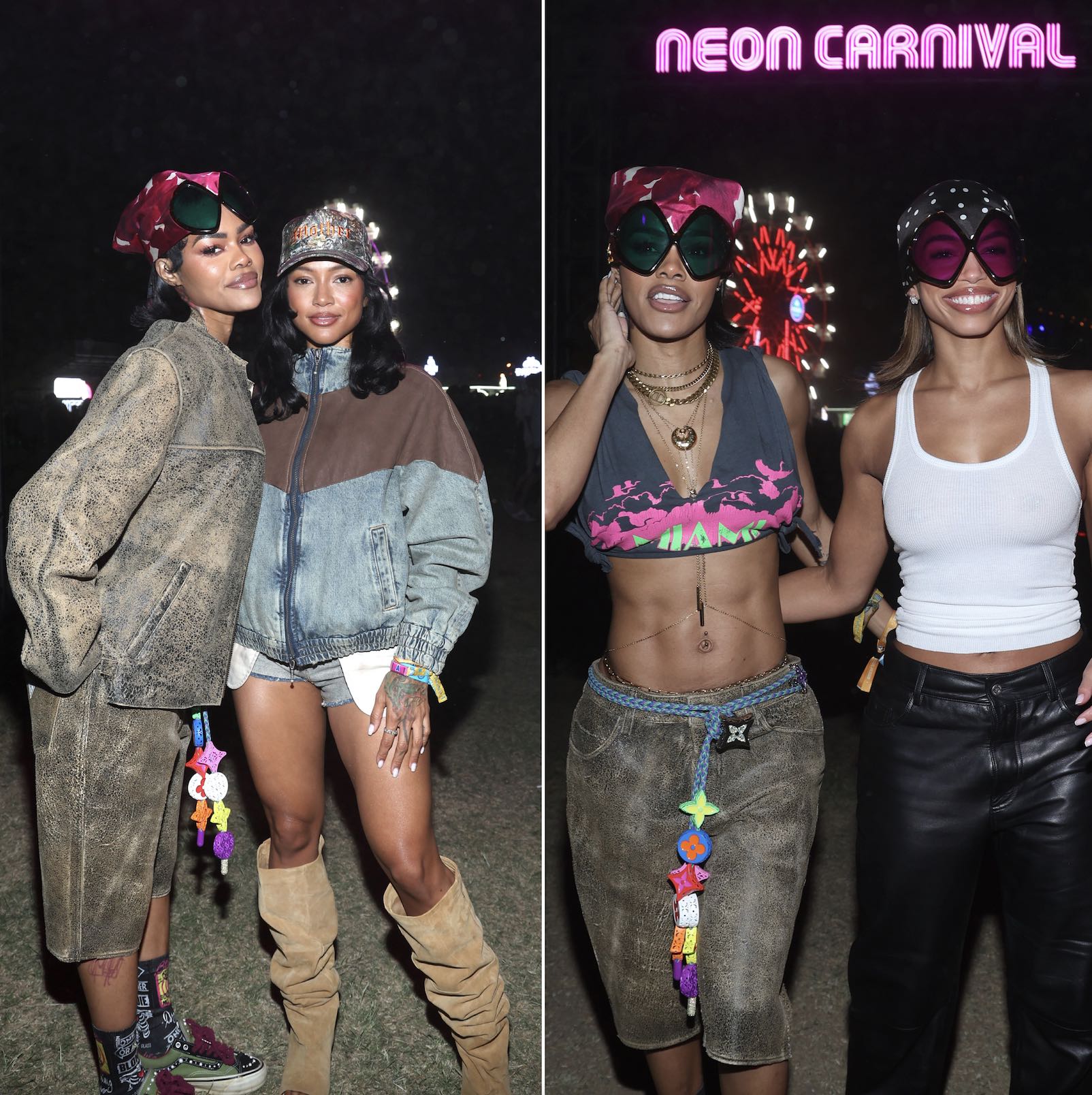 An image of two images: Teyana Taylor and Karrueche Tran (l) and Teyana Taylor and Lori Harvey at Neon Carnival.