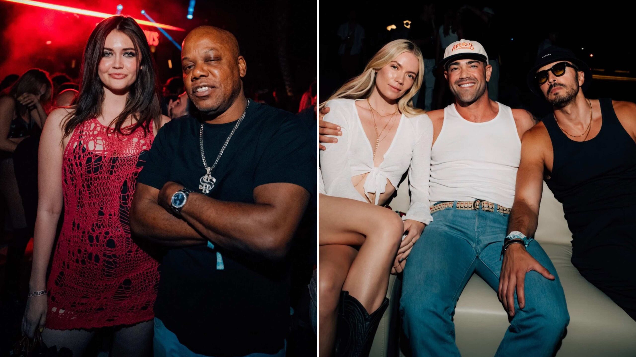 An image of two images: Emma O'Connor, rapper Too $hort and Jesse Metcalfe ZENYARA Desert Nights.