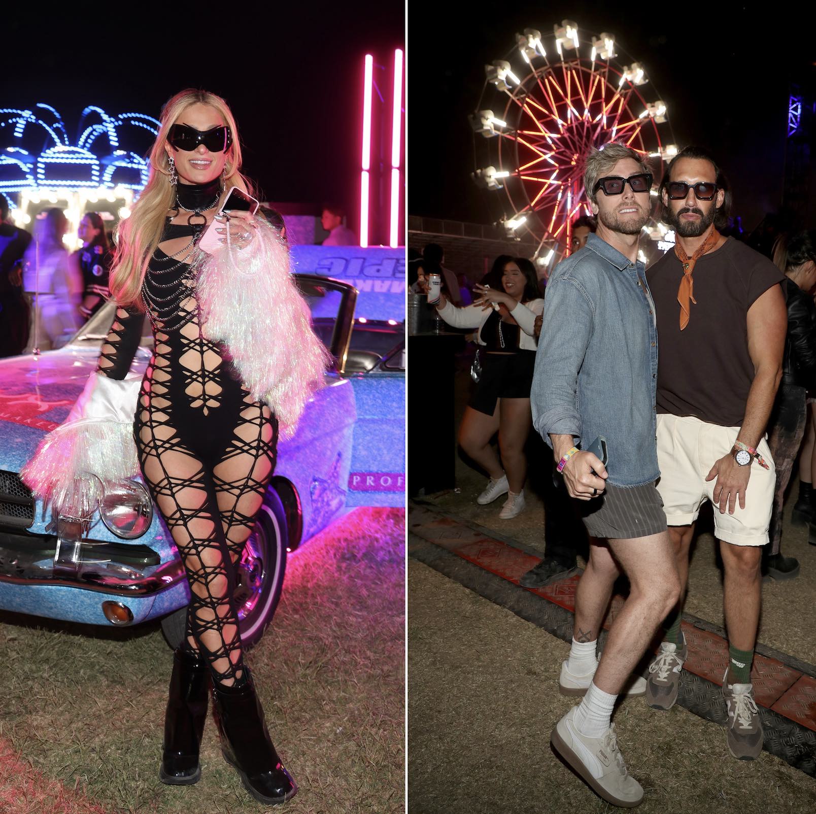 An image of two images: Paris Hilton (l) arrives in a revealing crochet bodysuit, while Lance Bass and his partner Michael Turchin pose for the cameras at PATRÓN EL ALTO Tequila, Neon Carnival 2025.