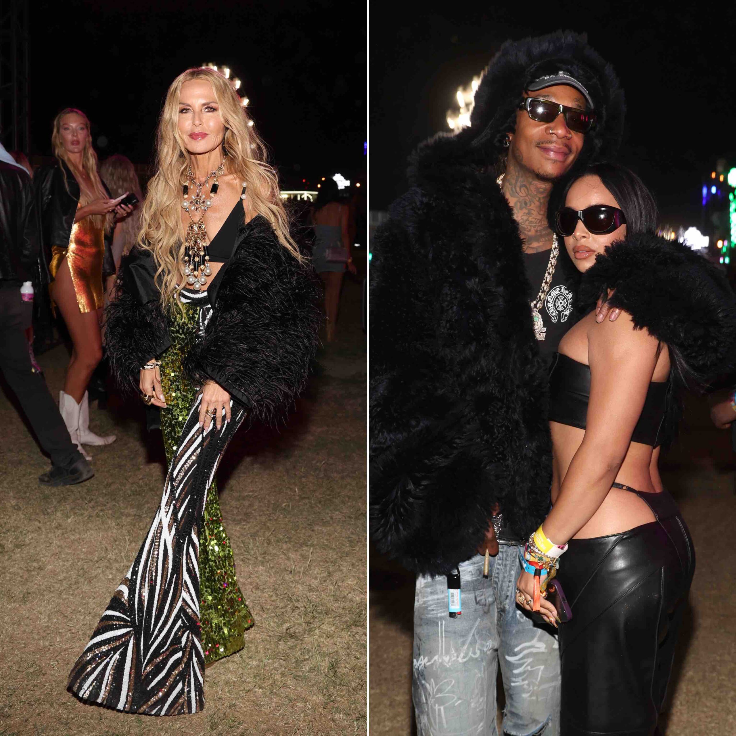 An image of two images: Rachel Zoe (l) and rapper Wiz Khalifa and girlfriend Aimee Aguilar cozy up at Neon Carnival.